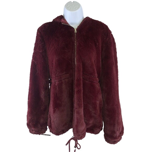Me Jane Woman's Coat Size L Red Faux Fur Zip Up Hood Pockets Cinch Waist Jacket - Picture 1 of 15